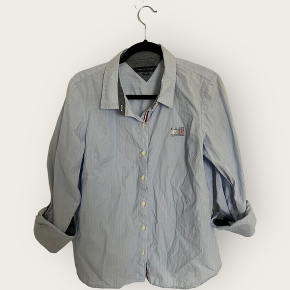 Tommy Hilfiger Tops - Tommy Hilfiger Shirt Blouse Women's L 3/4 Sleeve LOGO Blue Stripes‎ EXCELLENT ✅